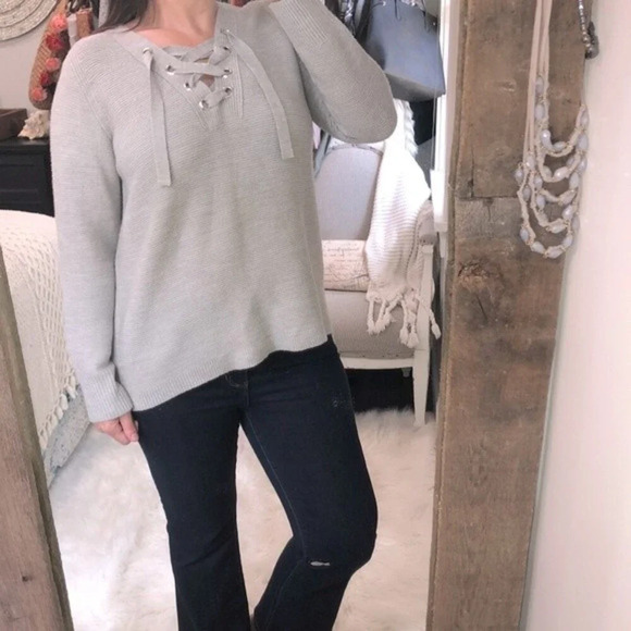 JohnPaulRichard large grey cozy lace up sweater - Picture 1 of 3